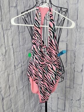 Bikini Lab Pink Zebra One-Piece Medium Halter Plunge Open Back Swimsuit NWOT
